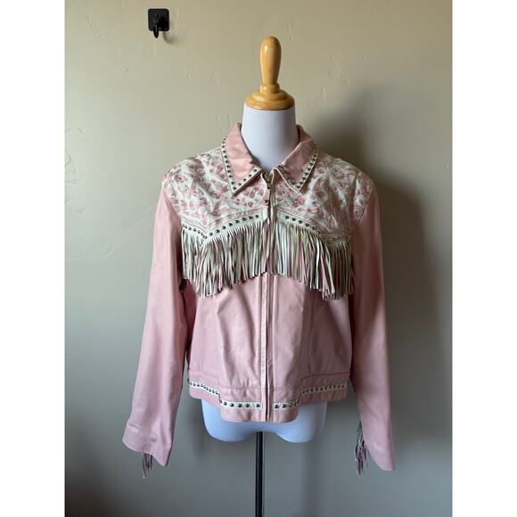 VTG Signature Gordon & James Pink Fringe Studded Rhinestone Wstrn Leather Jacket - Picture 15 of 16